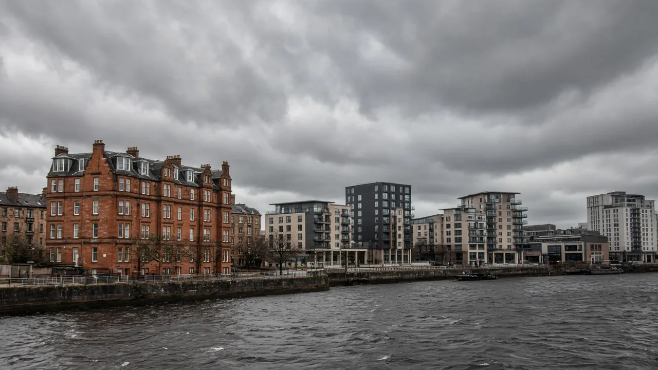 Windy riverside buildings along the Clyde in Glasgow, Scotland