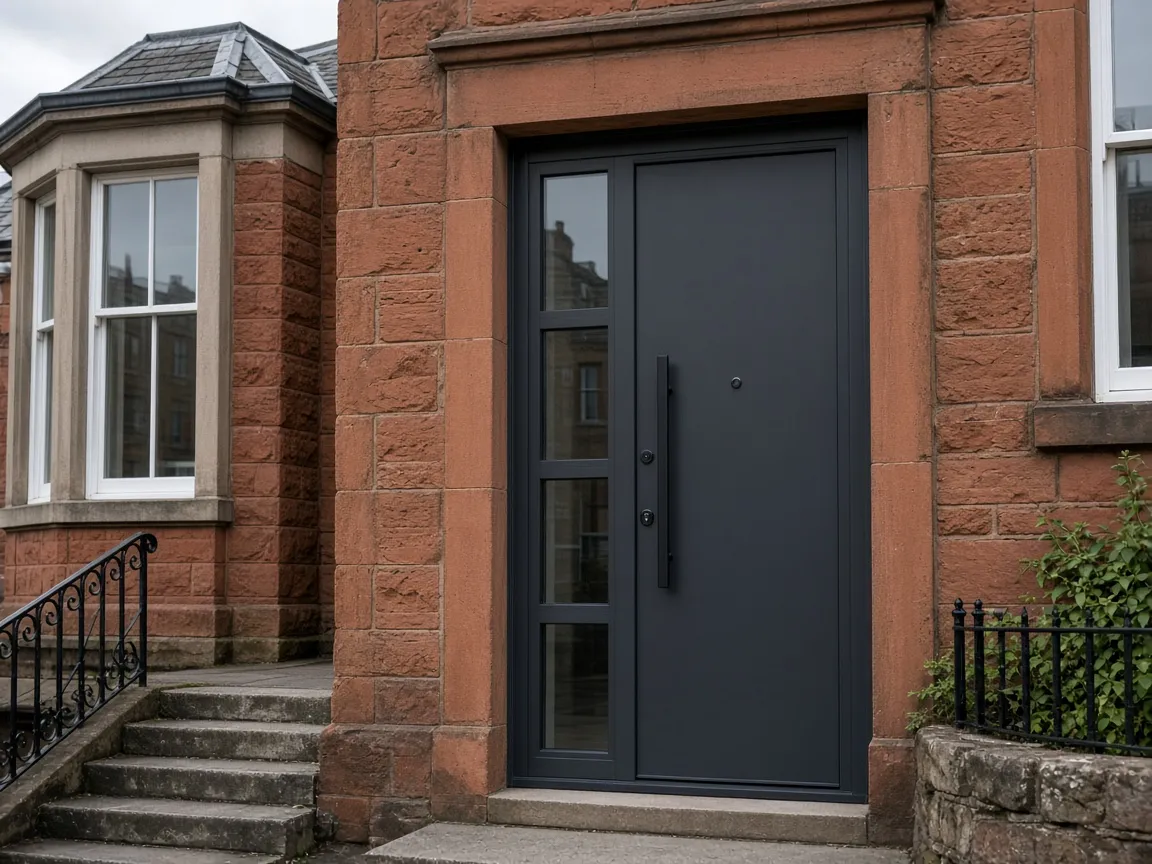 Composite front door on a sandstone house in Glasgow, Scotland