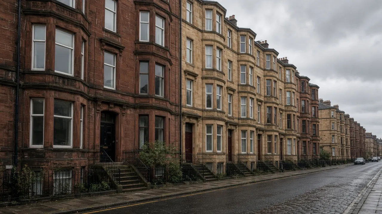 Sandstone tenement street in Glasgow, Scotland under a grey sky