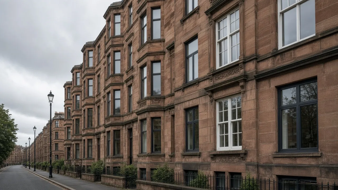 Sandstone street with mixed window styles in Glasgow, Scotland