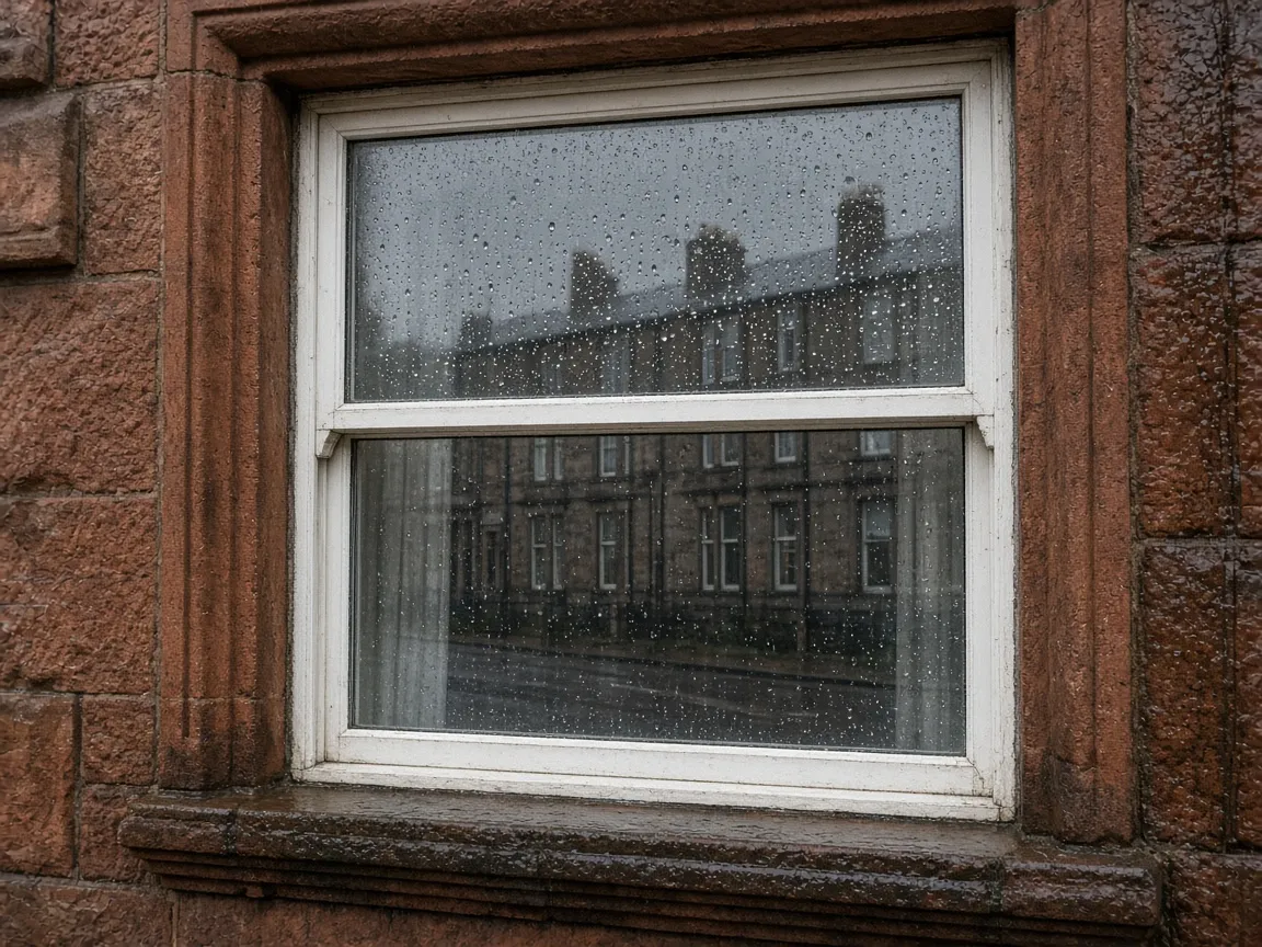 Wet tenement window in Glasgow, Scotland